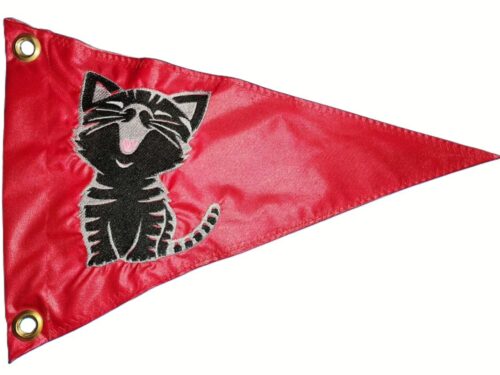 Smiling cat safety flag with dense embroidered black and grey tabby kitten on red nylon pennant with solid brass grommets