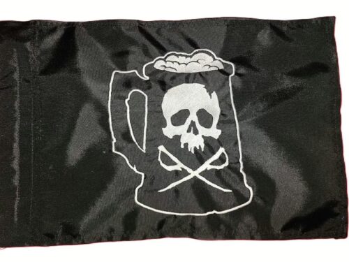 Beer mug pirate safety flag with dense embroidered white beer stein skull and crossbones graphic on black nylon rectangle with whip sleeve