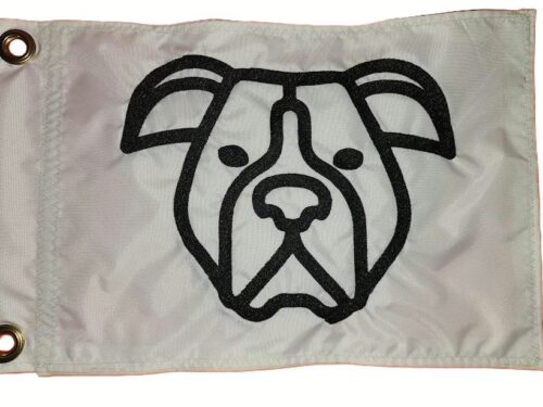 Boxer dog safety flag with dense embroidered black boxer head outline on white nylon rectangle with solid brass grommets