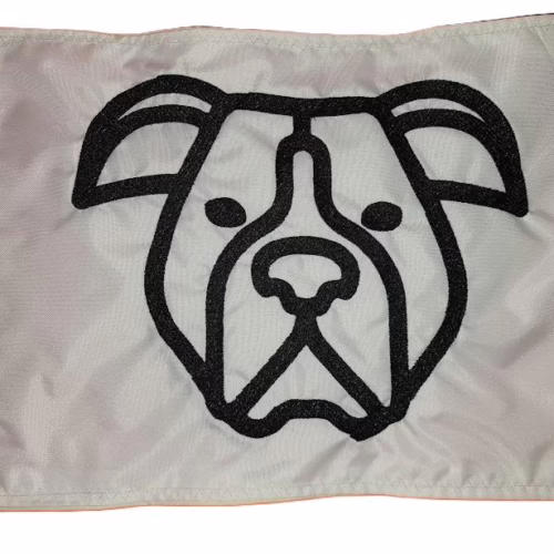 Boxer dog safety flag with dense embroidered black boxer head outline on white nylon rectangle with solid brass grommets