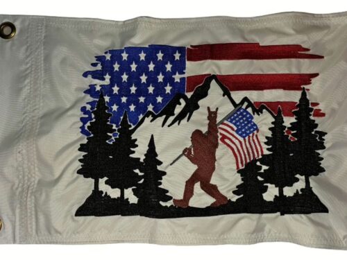 Bigfoot American flag safety flag with embroidered mountains trees and patriotic banner on white nylon rectangle with brass grommets