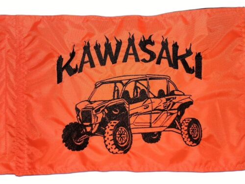 Kawasaki Teryx KRX safety flag with embroidered black flame lettering and KRX UTV on bright orange nylon rectangle with whip sleeve