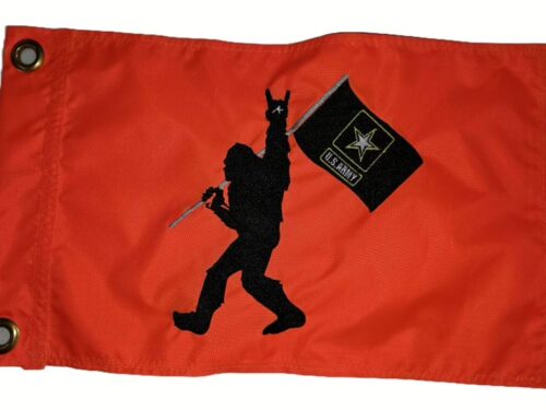 Bigfoot US Army safety flag with embroidered black Sasquatch carrying Army flag on bright orange nylon rectangle with brass grommets