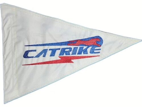 Catrike safety flag with double sided red and blue embroidery on high visibility white nylon