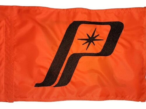 Polaris safety flag with embroidered black retro P star emblem on orange nylon rectangle with whip sleeve