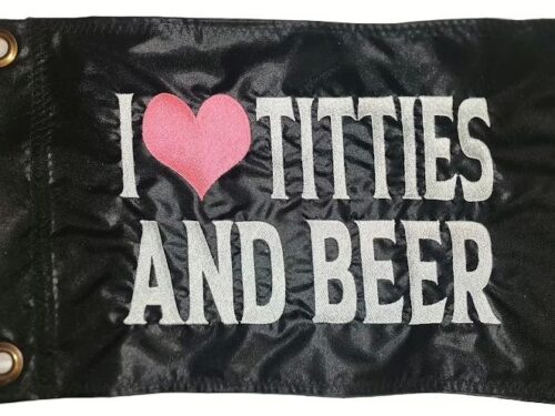 I Heart Titties and Beer safety flag with pink heart and silver embroidered lettering on black nylon rectangle