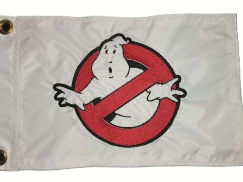 Ghostbusters safety flag with dense embroidered No-Ghost trapped ghost logo on nylon rectangle with brass grommets