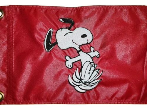 Happy Dance Snoopy safety flag with embroidered dancing dog on red nylon rectangle with brass grommets