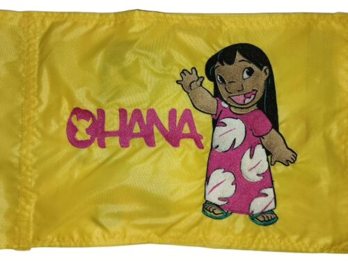 Lilo Ohana safety flag with dense embroidered waving character and Ohana text on nylon rectangle with whip sleeve