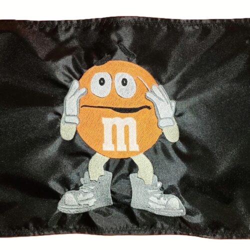 Worried M&M safety flag with dense embroidered anxious candy mascot on nylon rectangle with brass grommets