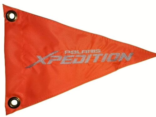 Polaris Xpedition safety flag with embroidered silver logo on orange nylon pennant with brass grommets