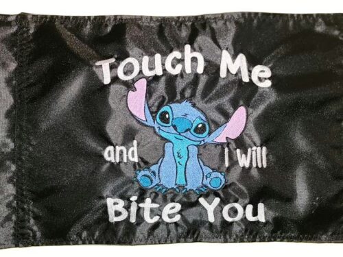 Touch Me and I Will Bite You safety flag with dense embroidered blue cartoon alien on nylon rectangle with whip sleeve