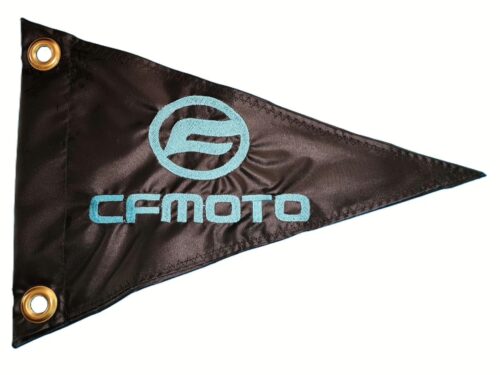 CFMOTO safety flag with embroidered turquoise logo and block lettering on black nylon pennant with brass grommets