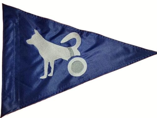 Disabled dog in wheelchair safety flag with dense embroidered white dog silhouette on royal blue nylon pennant with whip sleeve