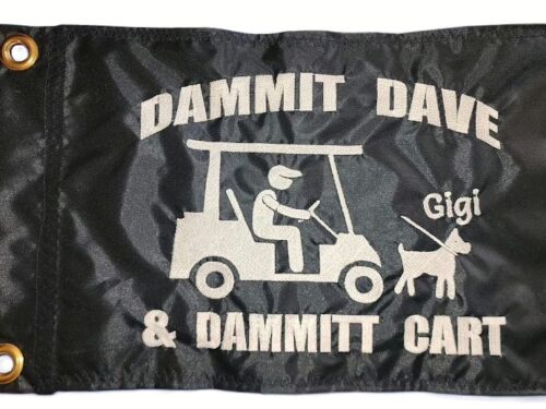 Custom golf cart safety flag with personalized embroidered cart, dog, and text on black nylon rectangle with brass grommets