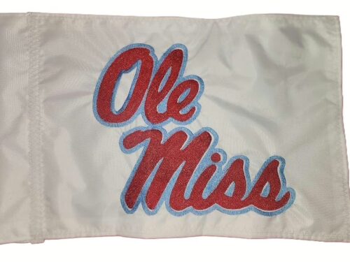 Ole Miss safety flag with double sided embroidery on durable white nylon