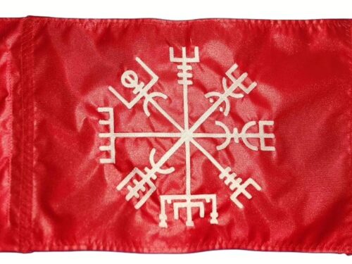 Viking compass safety flag with dense embroidered white Vegvisir symbol on red nylon rectangle with whip sleeve