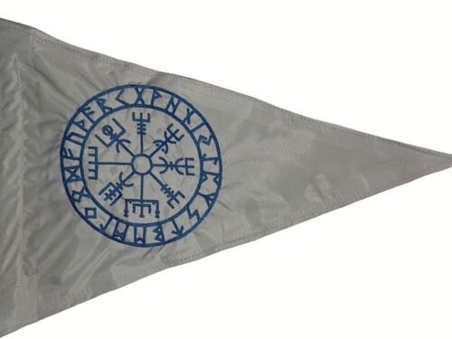 Viking compass safety flag with dense embroidered blue Vegvisir symbol and runic circle on white nylon pennant with whip sleeve