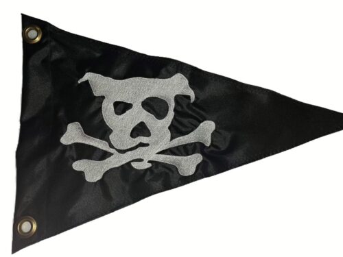 Dog Pirate pennant safety flag with embroidered silver dog skull and crossbones on black nylon with brass grommets