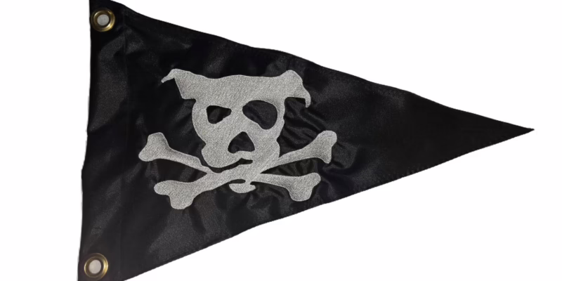 Dog Pirate pennant safety flag with embroidered silver dog skull and crossbones on black nylon with brass grommets