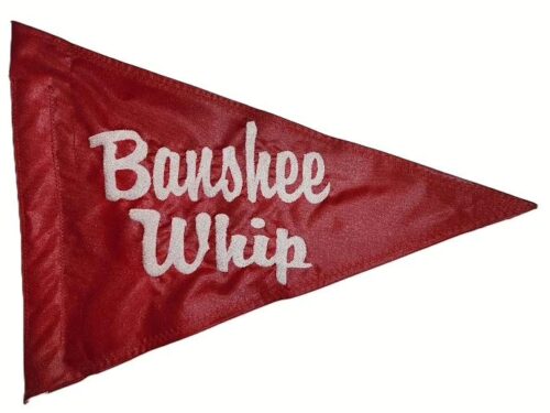 Banshee whip safety flag made by Devil Woman Flags with dense embroidered white "Banshee Whip" text graphic on red nylon triangular pennant with whip sleeve