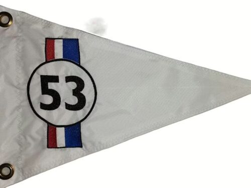 Racing 53 safety flag with dense embroidered classic car number and red, white, and blue stripes on white nylon pennant with solid brass grommets