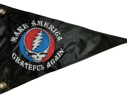 Make America Grateful Again safety flag with embroidered Steal Your Face skull on black nylon pennant with brass grommets
