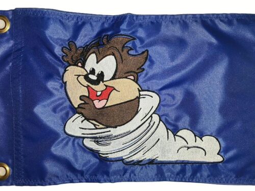Baby Tasmanian Devil tornado safety flag with dense embroidered cartoon whirlwind on nylon rectangle with brass grommets