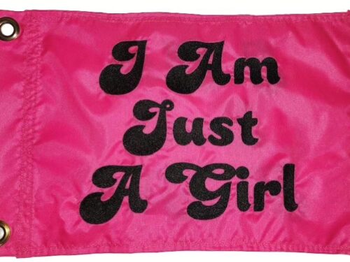 I am just a girl safety flag made by Devil Woman Flags with dense embroidered black "I AM JUST A GIRL" text graphic on pink nylon rectangle with solid brass grommets