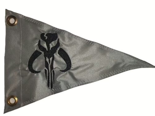 Mandalorian skull safety flag made by Devil Woman Flags with dense embroidered black bounty hunter skull graphic on silver nylon triangular pennant with solid brass grommets