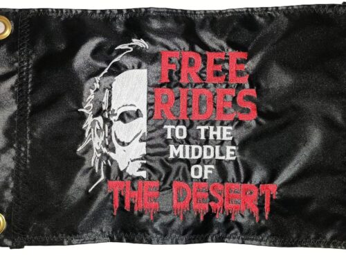 Michael Myers Halloween safety flag with embroidered slasher mask profile and Free Rides text on nylon rectangle with brass grommets