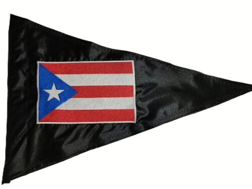 Puerto Rico safety flag with dense embroidered red, white, and blue flag graphic on black nylon pennant with whip sleeve