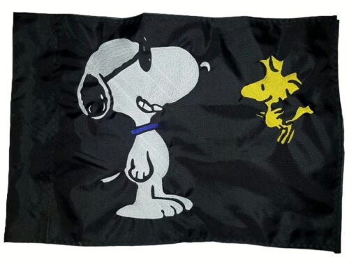 Snoopy and Woodstock safety flag with embroidered dog wearing sunglasses and yellow bird on black nylon rectangle with whip sleeve