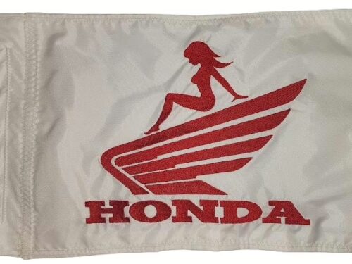 Honda safety flag with embroidered red mudflap girl perched on wing logo and block lettering on white nylon rectangle with whip sleeve