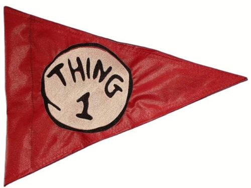 Thing 1 safety flag with dense embroidered circular storybook badge on nylon pennant with whip sleeve
