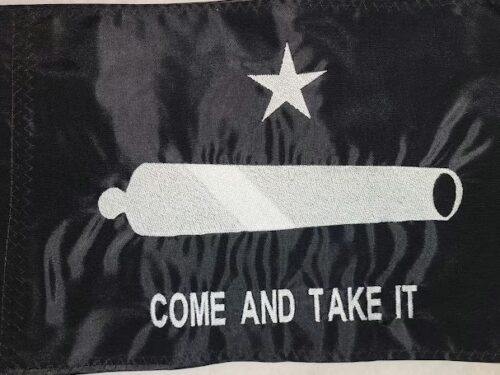 Come and Take It safety flag with dense embroidered white star, cannon, and text on black nylon rectangle with whip sleeve