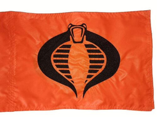 Cobra safety flag with black embroidered striking snake emblem on blaze orange nylon rectangle with whip sleeve