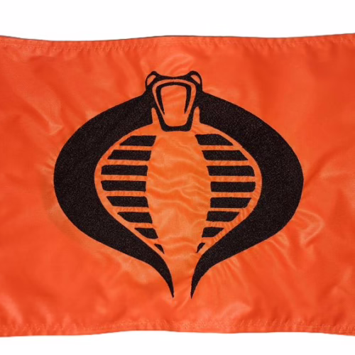 Cobra safety flag with black embroidered striking snake emblem on blaze orange nylon rectangle with whip sleeve
