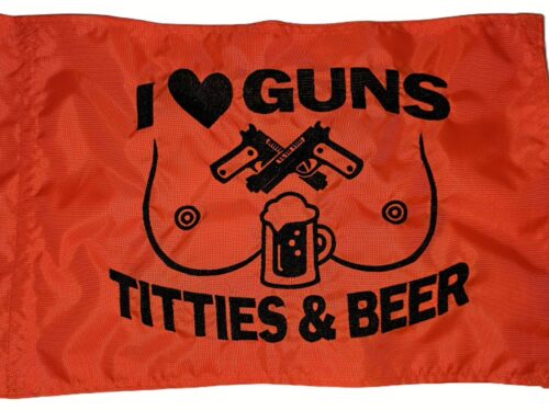 I Heart Guns Titties and Beer safety flag with black embroidered text and graphics on orange nylon rectangle