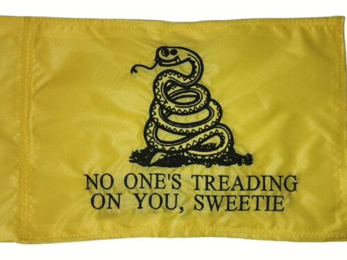 No One's Treading On You Sweetie safety flag with dense embroidered parody Gadsden snake and text on yellow nylon rectangle with whip sleeve