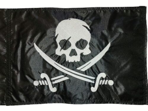 Pirate safety flag with dense embroidered white skull and crossed swords graphic on black nylon rectangle with whip sleeve