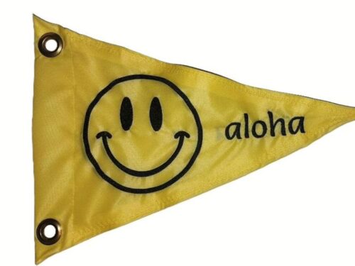 Retro Smiley Face safety flag with black embroidered smiling face and text on yellow nylon pennant