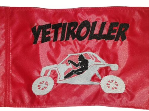 Yetiroller safety flag with double sided embroidery on durable red nylon