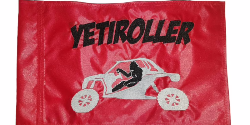 Yetiroller safety flag with double sided embroidery on durable red nylon