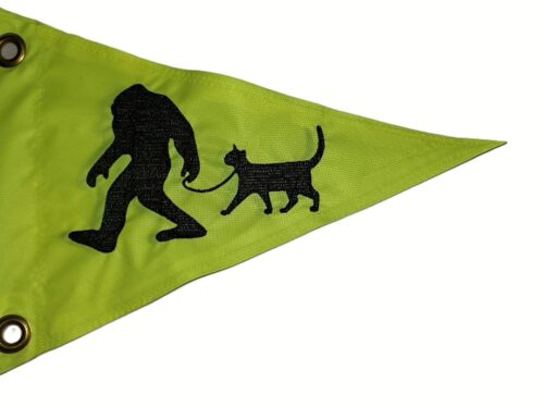Bigfoot walking cat safety flag with embroidered black silhouette on lime squeeze green nylon pennant with brass grommets