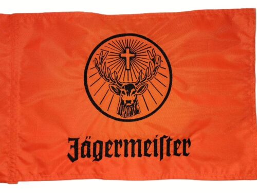 Jägermeister safety flag with dense black embroidered stag logo and text on orange nylon rectangle with whip sleeve