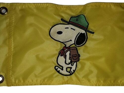 Beagle Scout Snoopy safety flag with embroidered dog wearing scout hat and backpack on yellow nylon rectangle with brass grommets