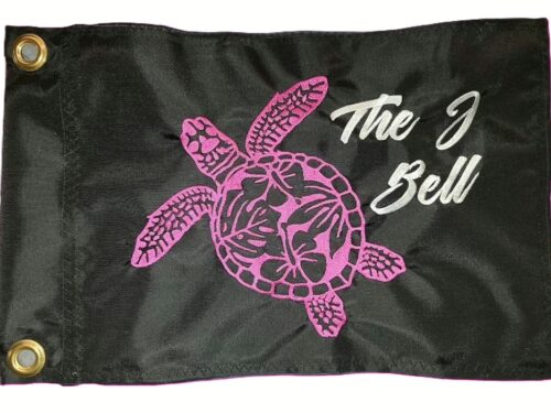 Sea Turtle safety flag with pink embroidered floral honu turtle and white The J Bell script on black nylon rectangle with brass grommets