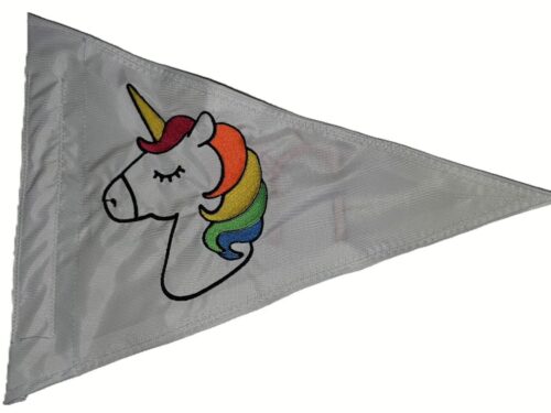 Rainbow unicorn safety flag with double sided embroidery on durable white nylon