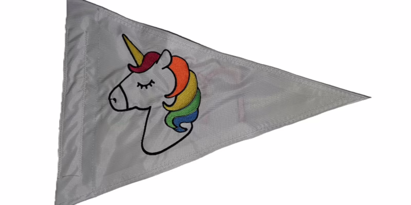 Rainbow unicorn safety flag with double sided embroidery on durable white nylon